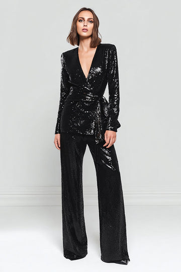 Sparkly 2 Piecse Black Sequins Women Formal Suits With Sash